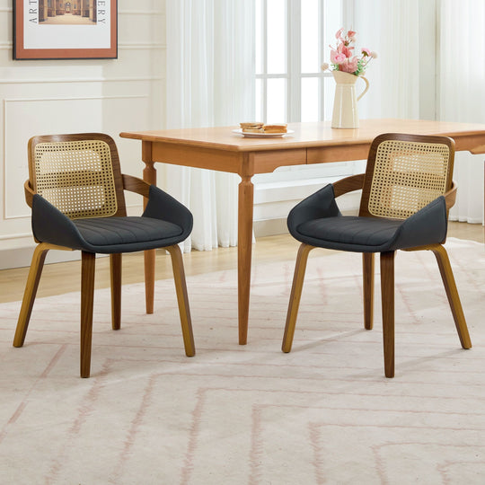 Rattan Dining Chairs Set of 2 Black Faux Leather