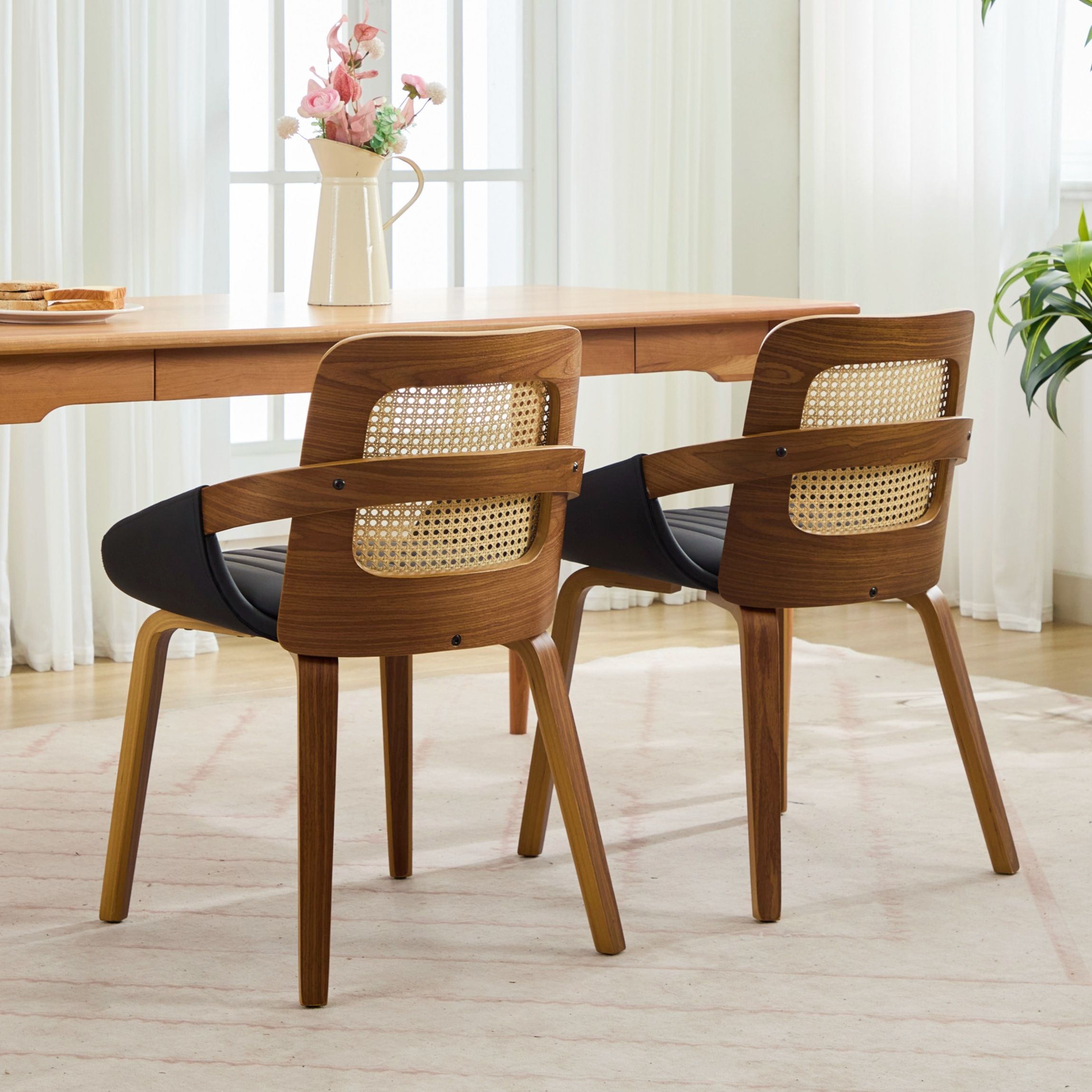 Rattan Dining Chairs Set of 2 Black Faux Leather | Simpledeals