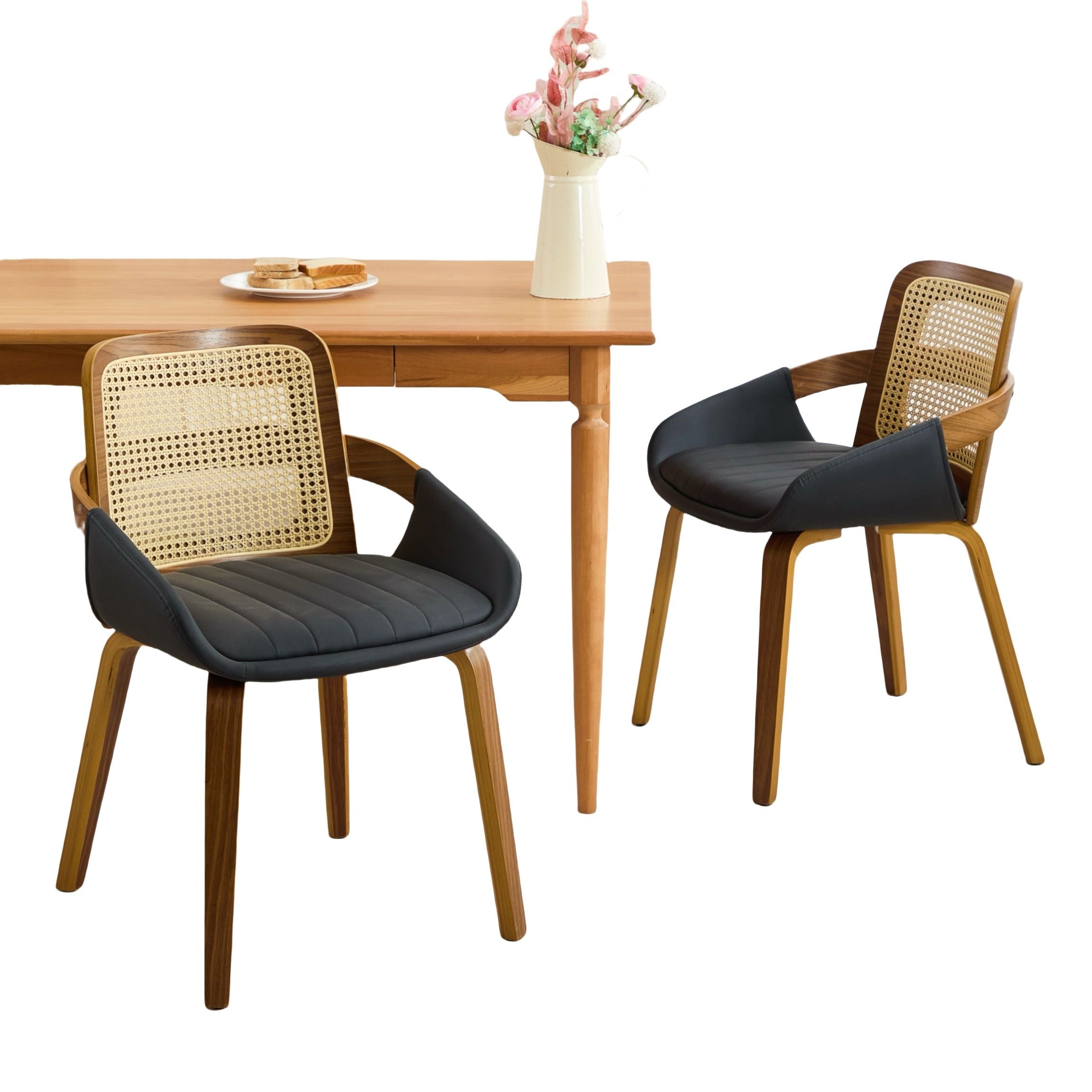 Rattan Dining Chairs Set of 2 Black Faux Leather | Simpledeals