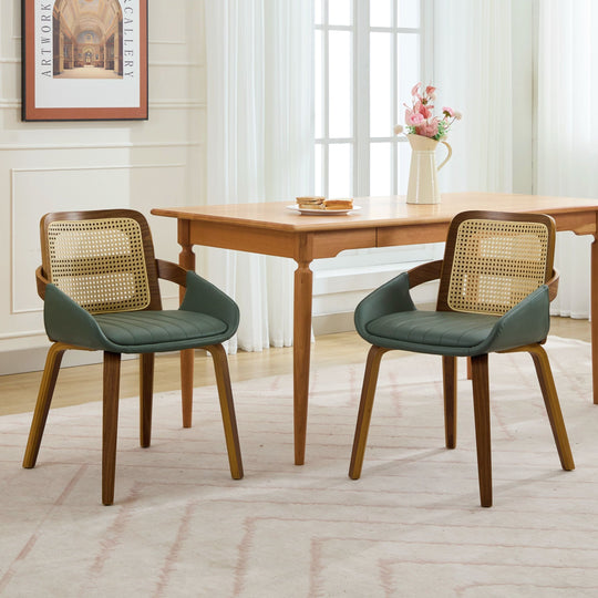 Rattan Dining Chairs Set of 2 Green Faux Leather