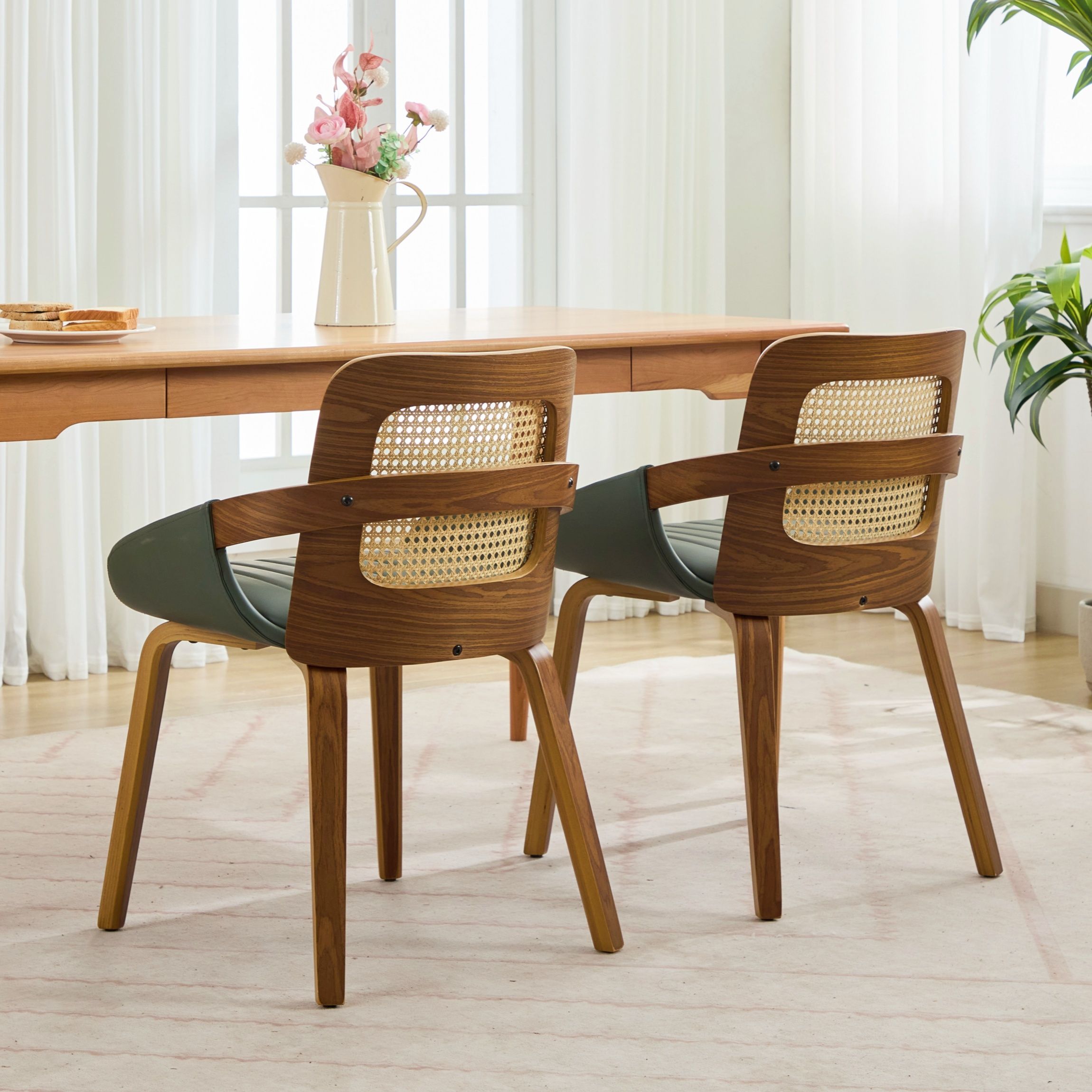 Rattan Dining Chairs Set of 2 Green Faux Leather | Simpledeals