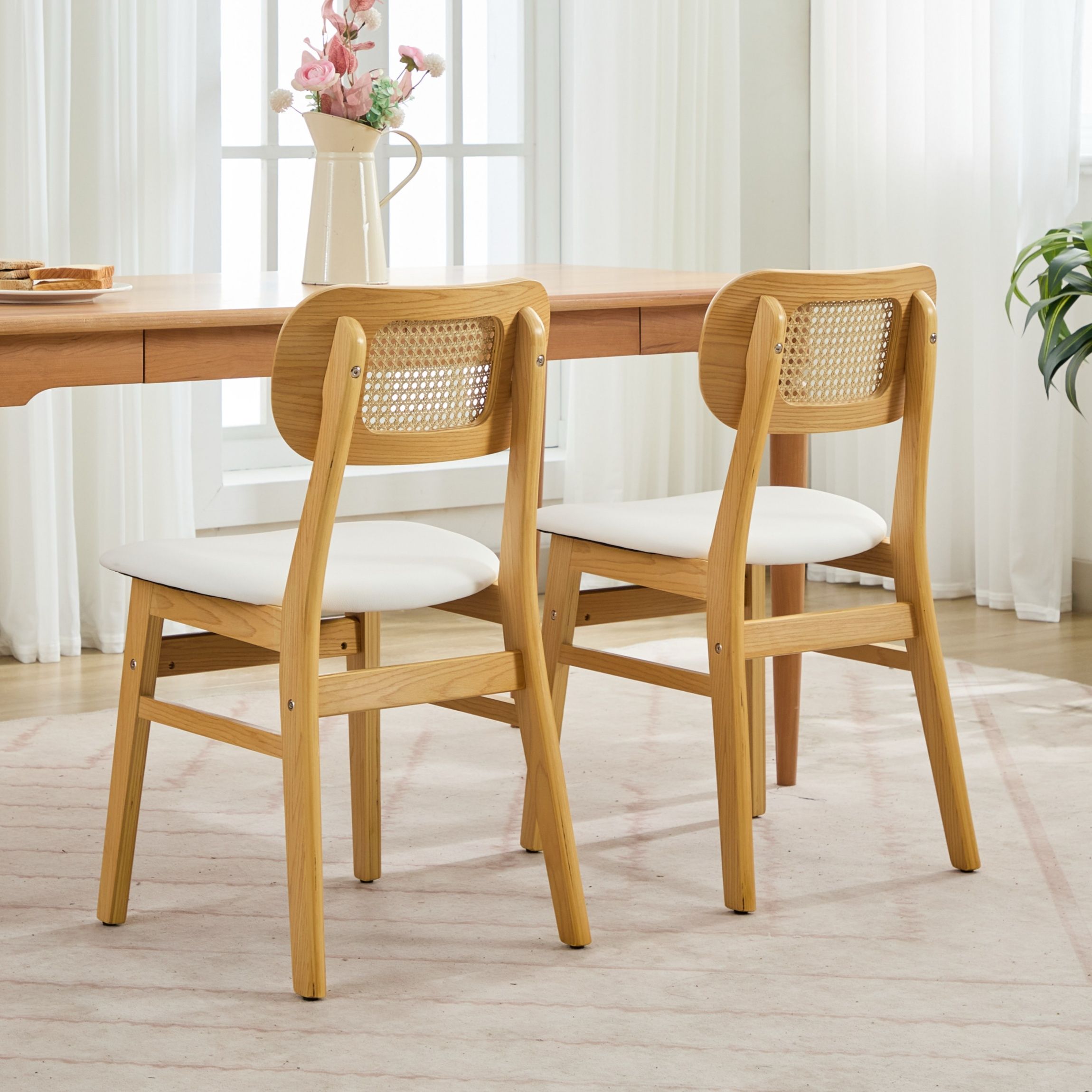 Rattan Back Dining Chairs Set of 2 White | Simpledeals