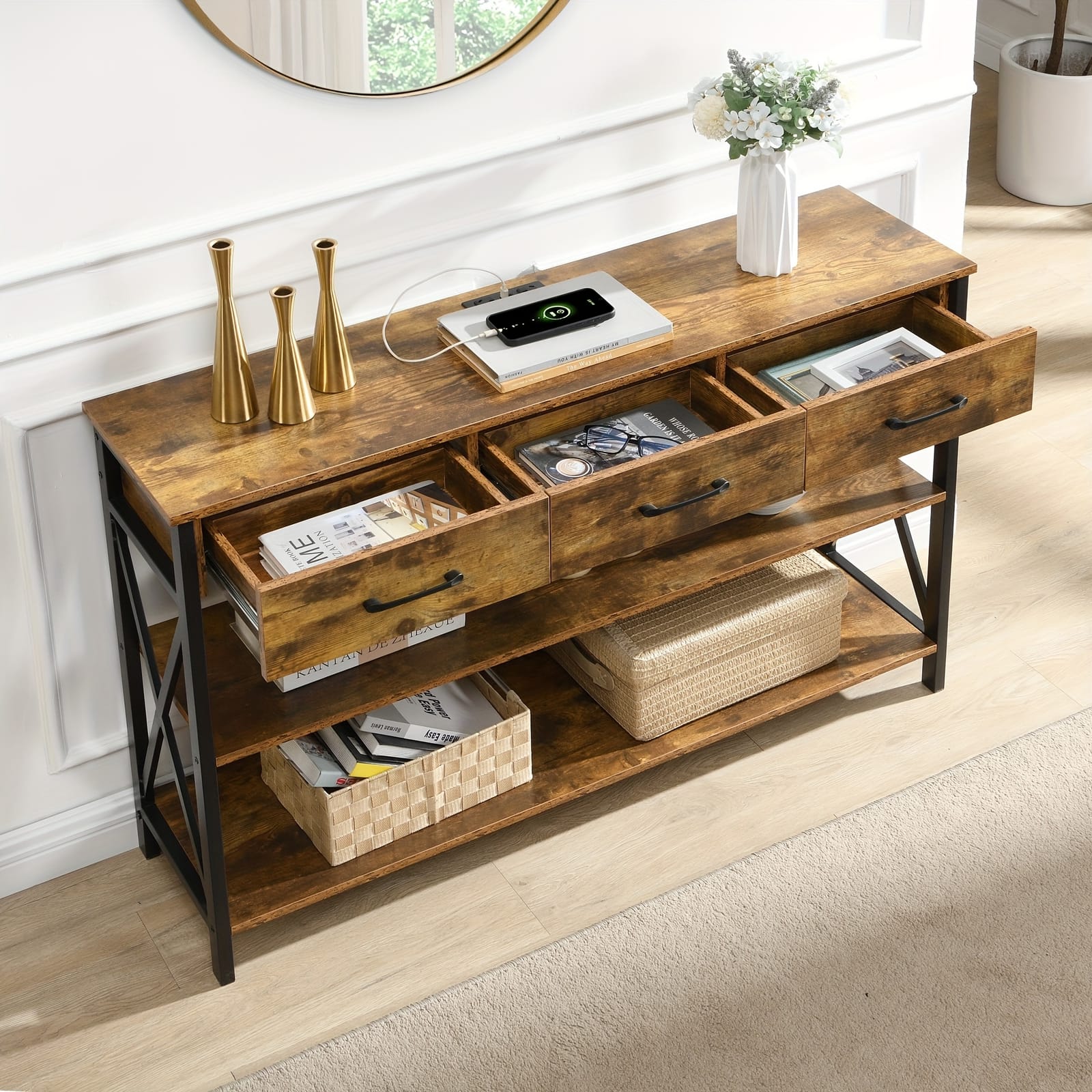 Industrial Console Table With Drawers