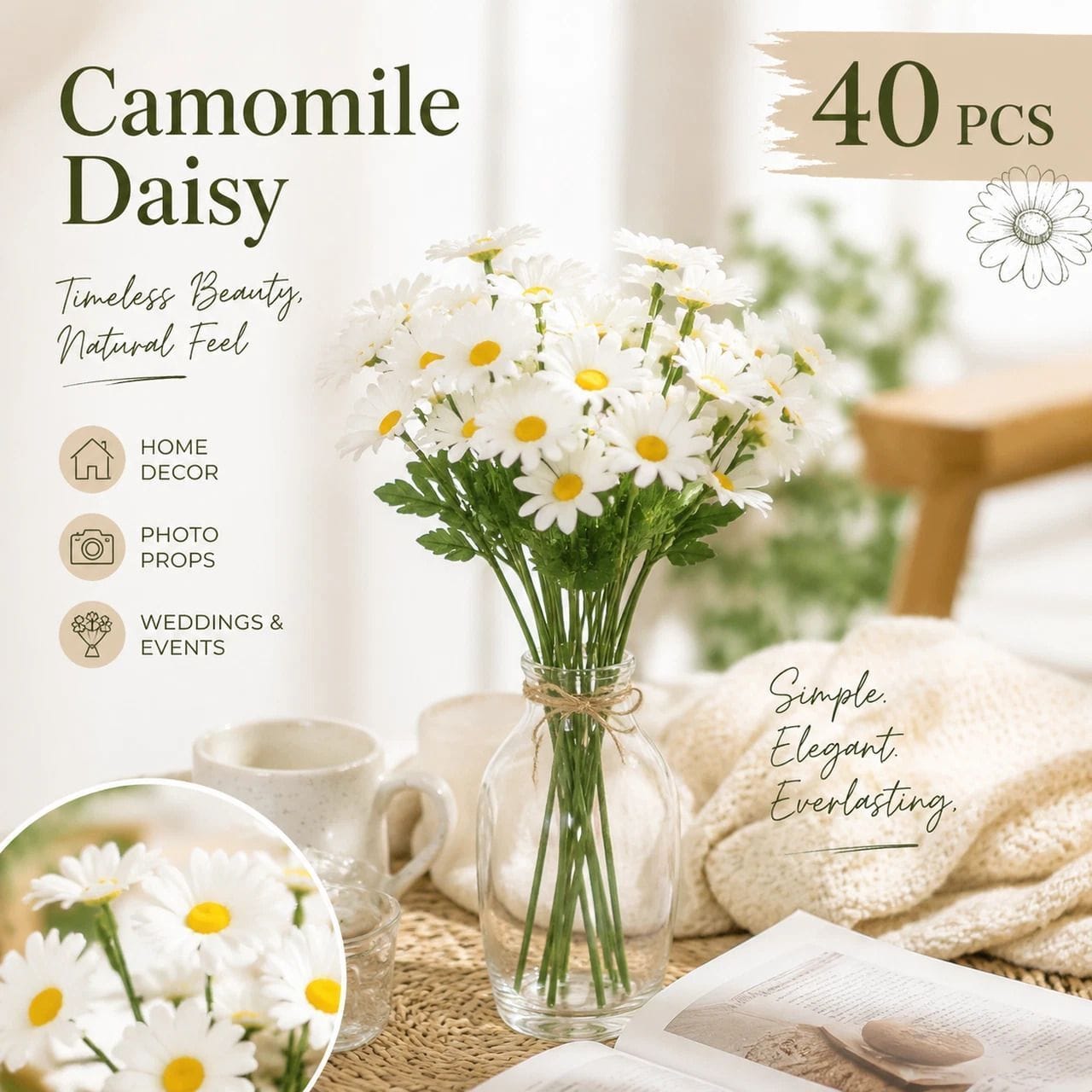 Artificial Chamomile Daisy Stems 40 Pack | Simpledeals