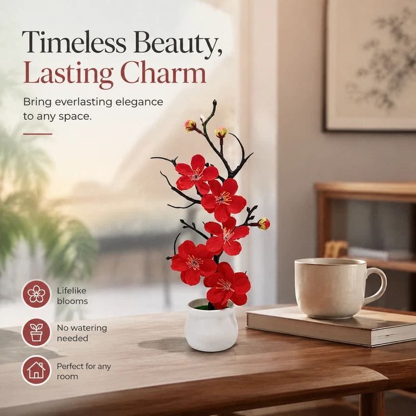 Artificial Wintersweet Bonsai Red Silk Decor | Simpledeals