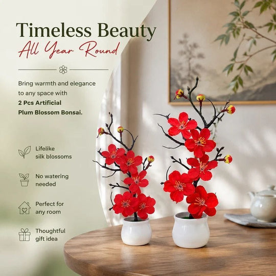 Artificial Bonsai Red Silk Wintersweet 2pk - Artificial Flowers & Plants