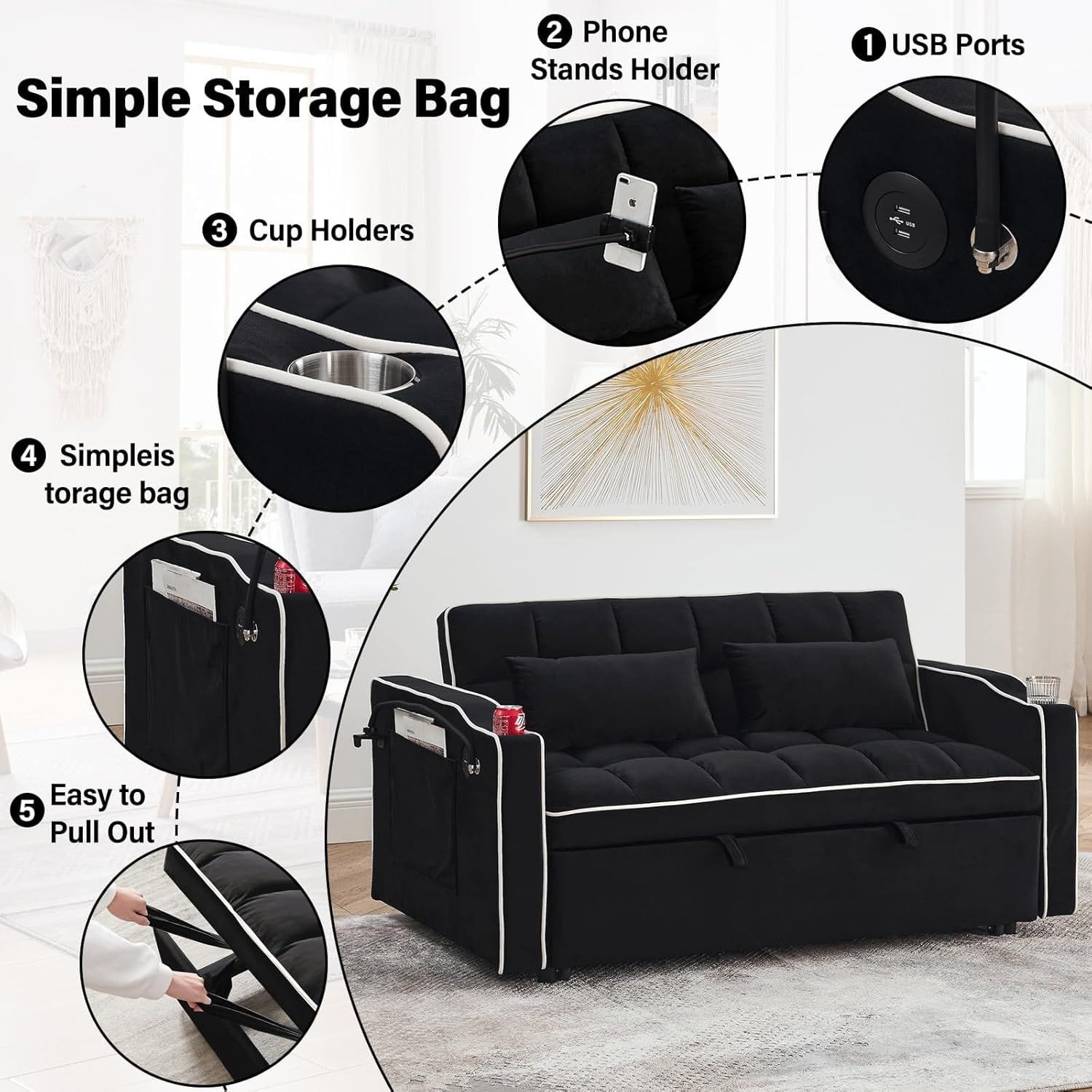 Double Velvet Sofa Bed Black