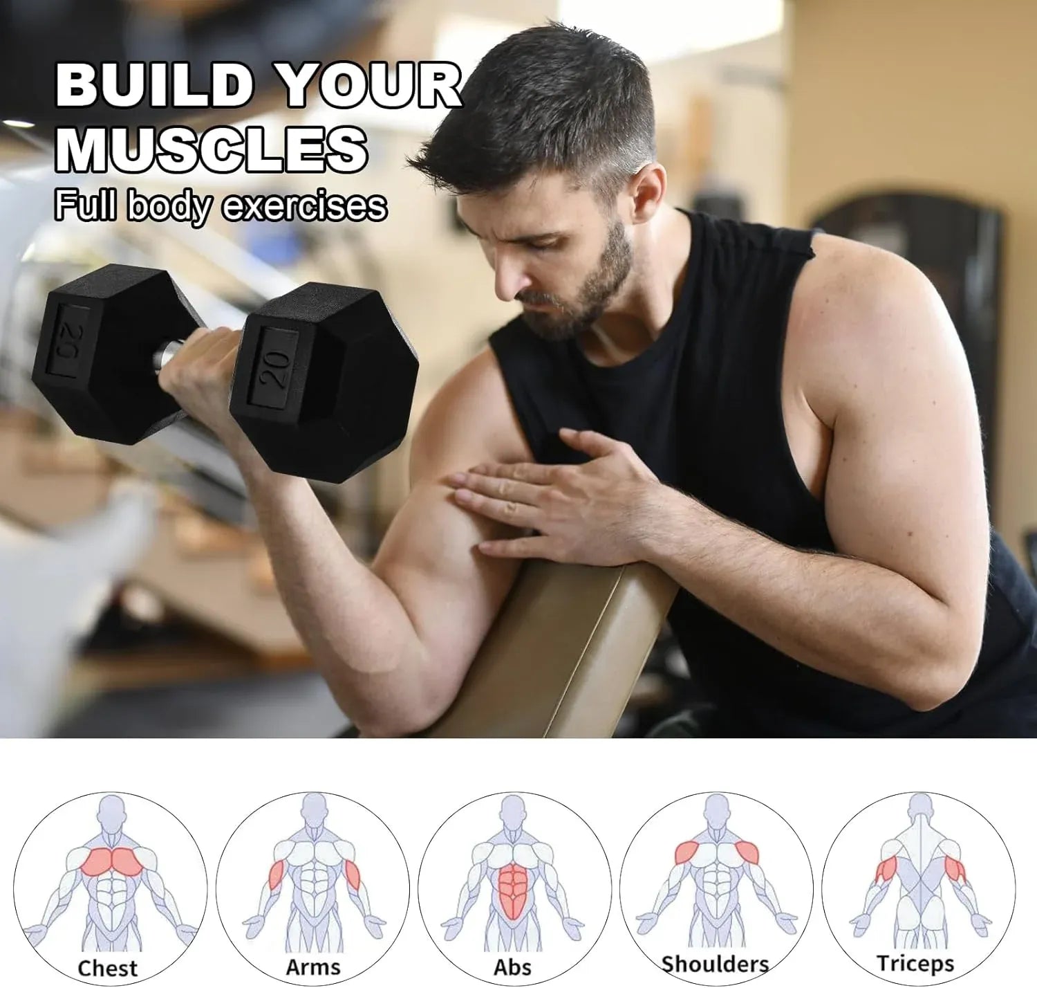 Rubber Hex Dumbbells Heavy Duty