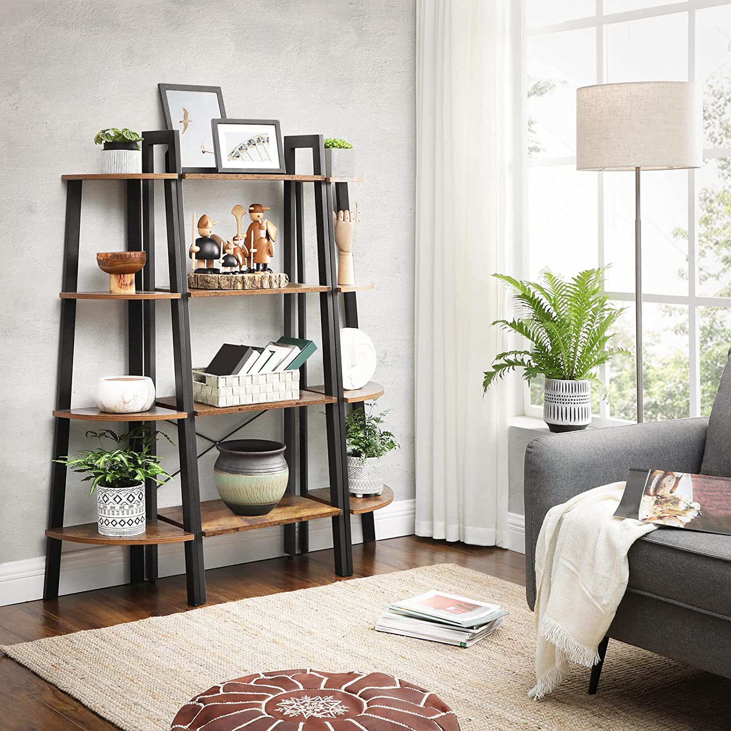 Rustic Brown And Black Steel Metal Frame 4 Tier Bookshelf on Afterpay | ZipPay | LayBuy | Klarna