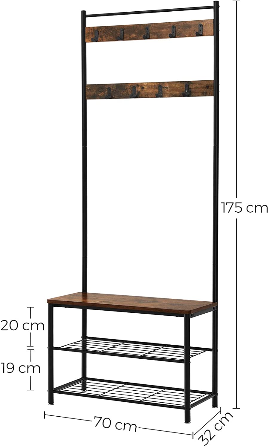 Rustic Brown Coat Rack With Shoe Rack, Bench, And Shelves, 175 Cm Height