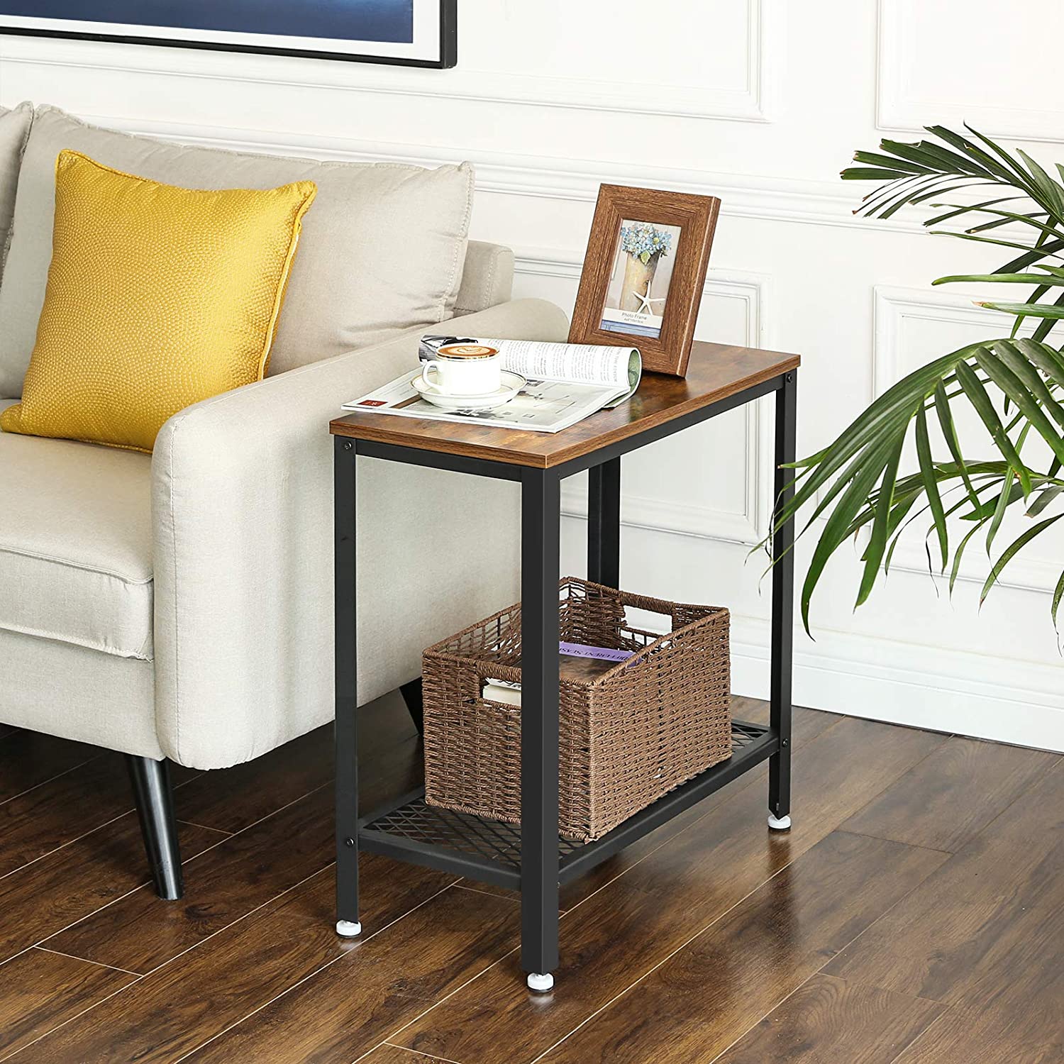 2-Tier Industrial Side Table With Mesh And Metal Frame Rustic Brown