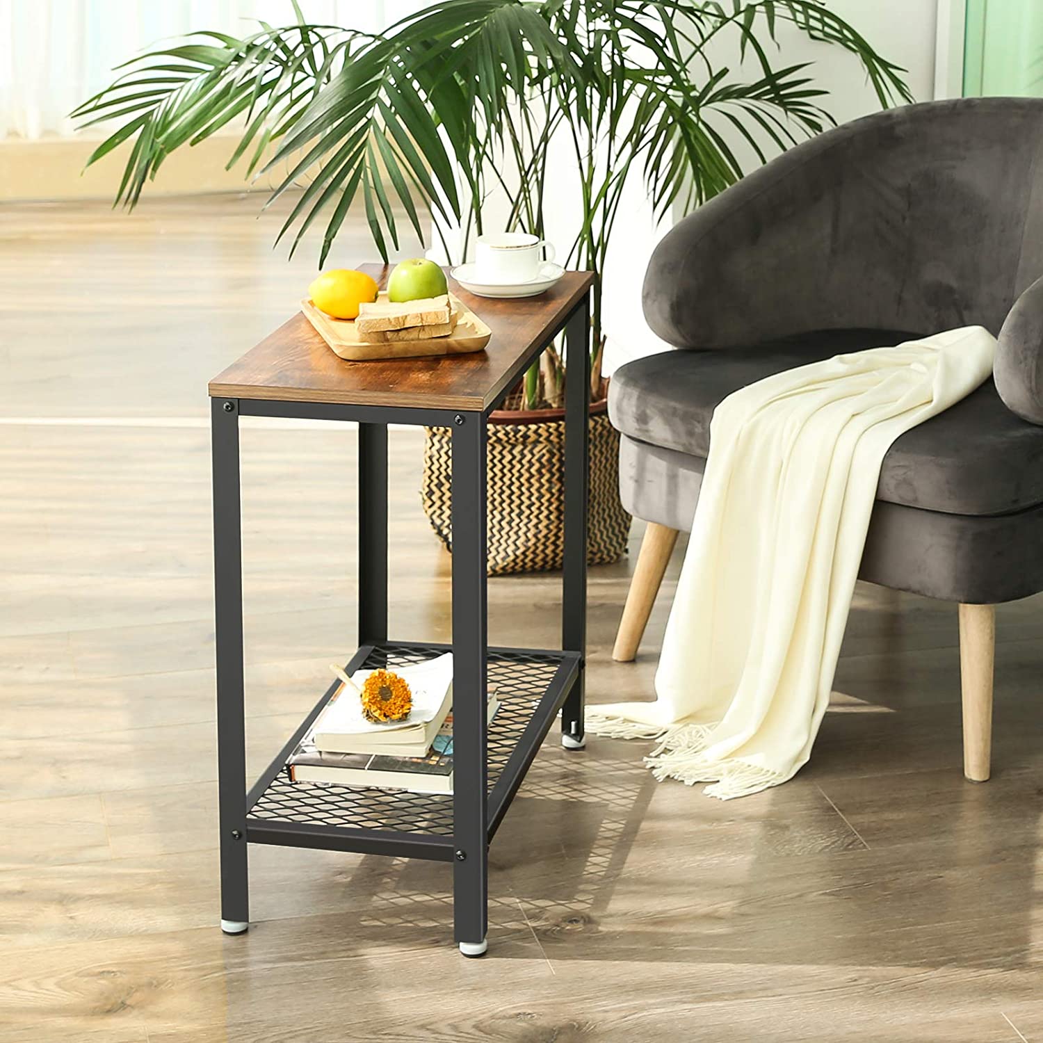 2-Tier Industrial Side Table With Mesh And Metal Frame Rustic Brown
