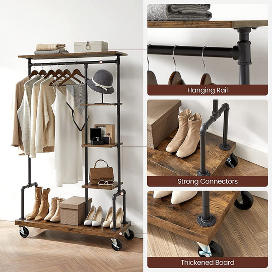 5-Tier Clothing Garment Rack On Wheels Industrial Pipe Style
