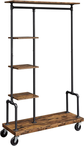 Clothing Garment Rack On Wheels With 5-Tier, Industrial Pipe Style, Rustic Brown