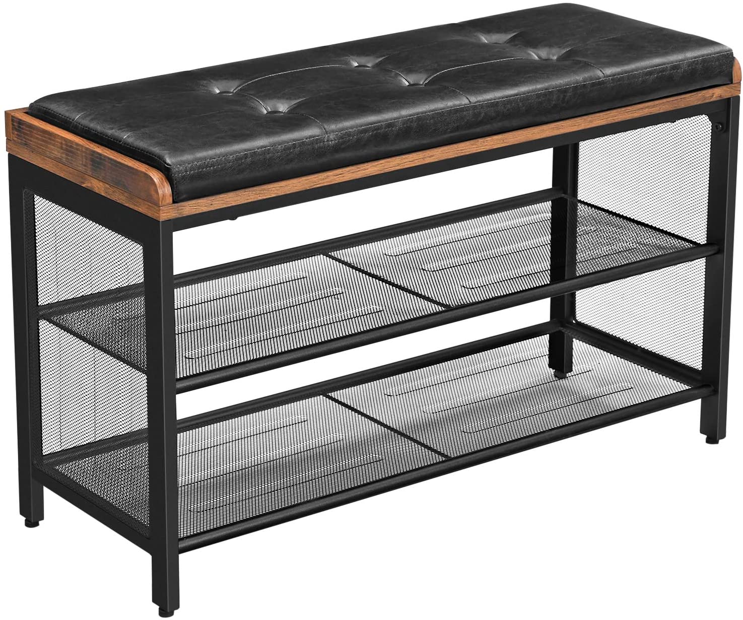 Shoe Bench With Mesh Shelf And Leather Vintage Brown Black