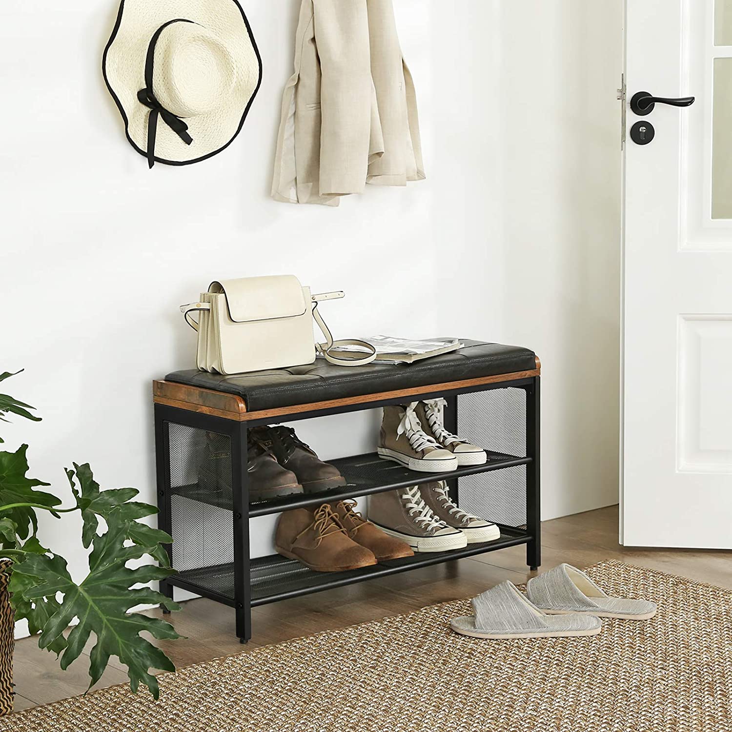 Shoe Bench With Mesh Shelf And Leather Vintage Brown Black