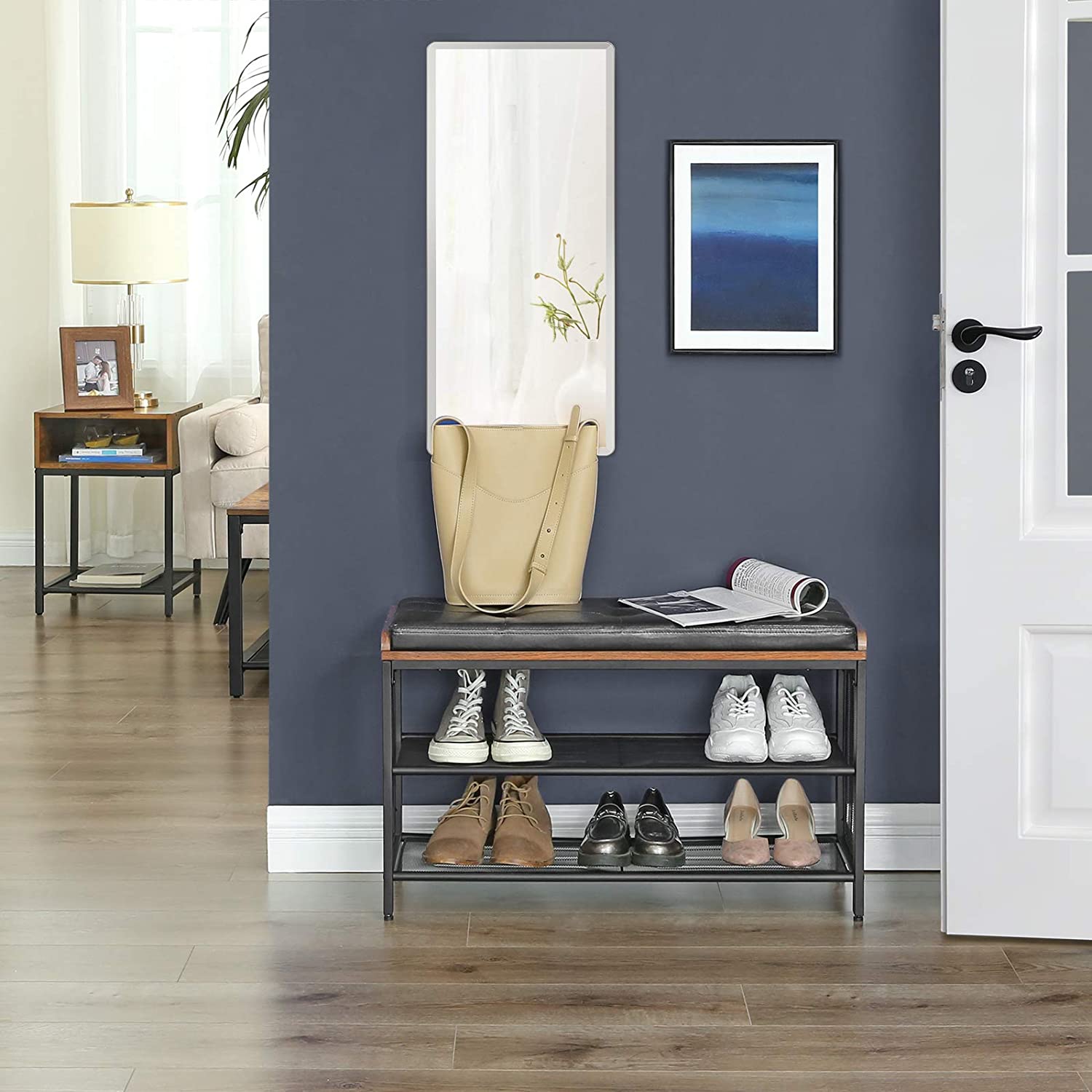Shoe Bench With Mesh Shelf And Leather Vintage Brown Black