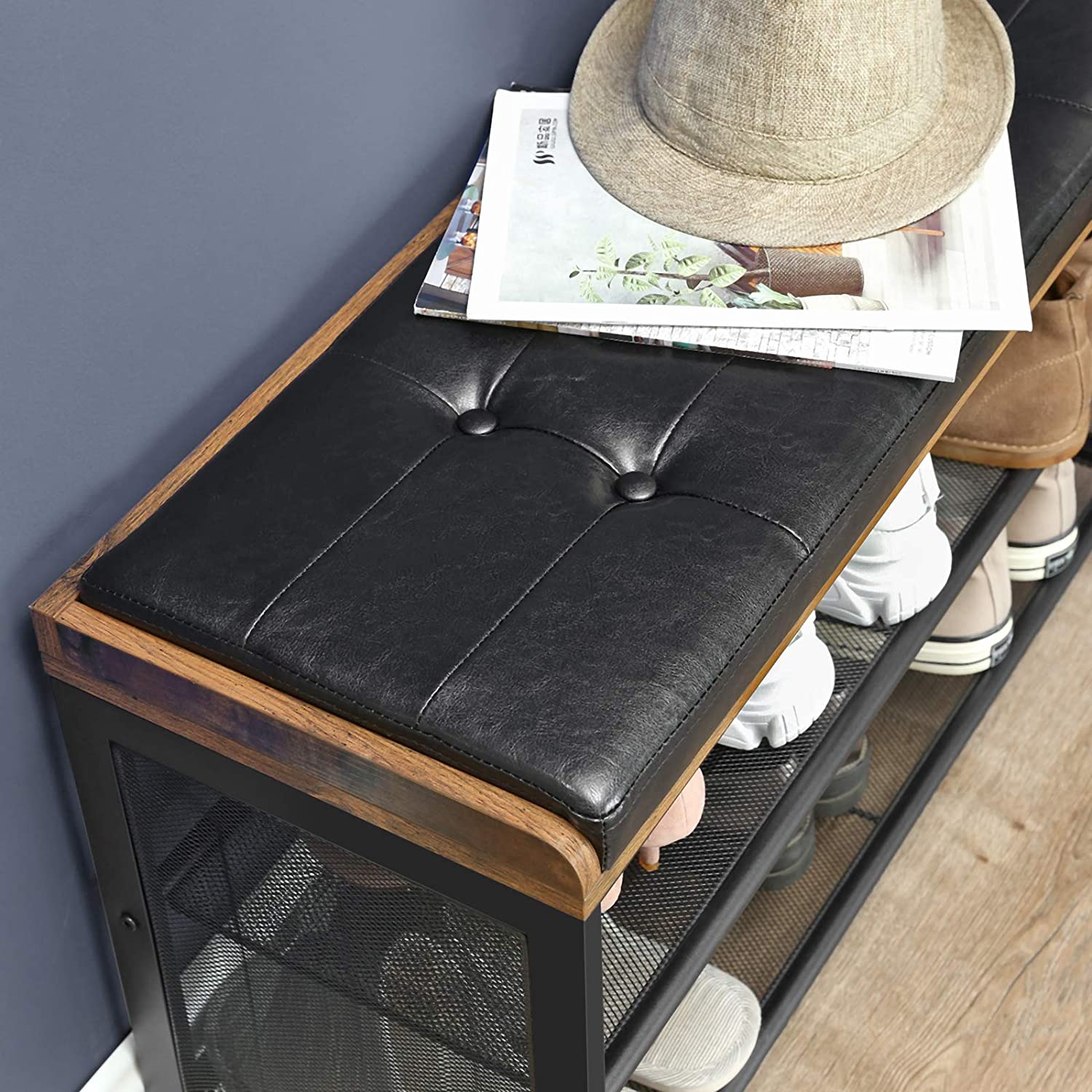 Shoe Bench With Mesh Shelf And Leather Vintage Brown Black