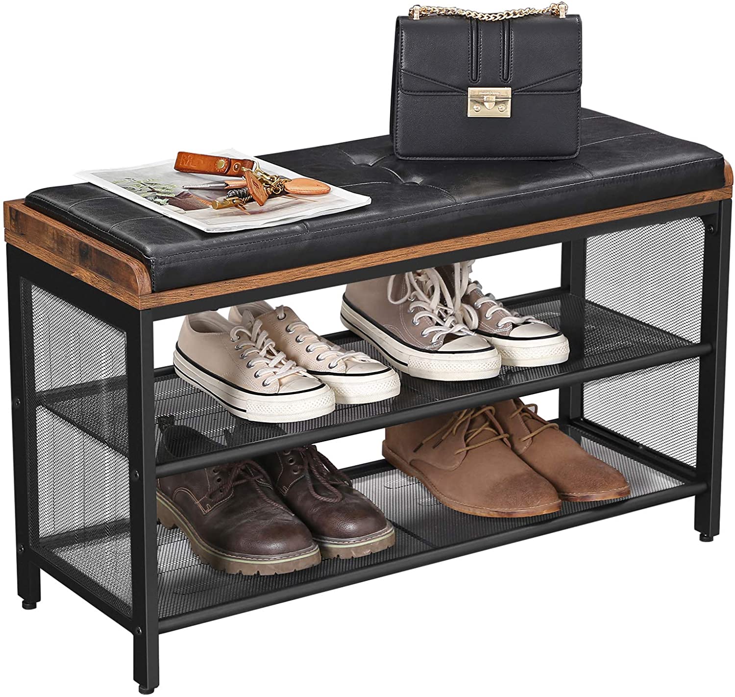 Shoe Bench With Mesh Shelf And Leather Vintage Brown Black