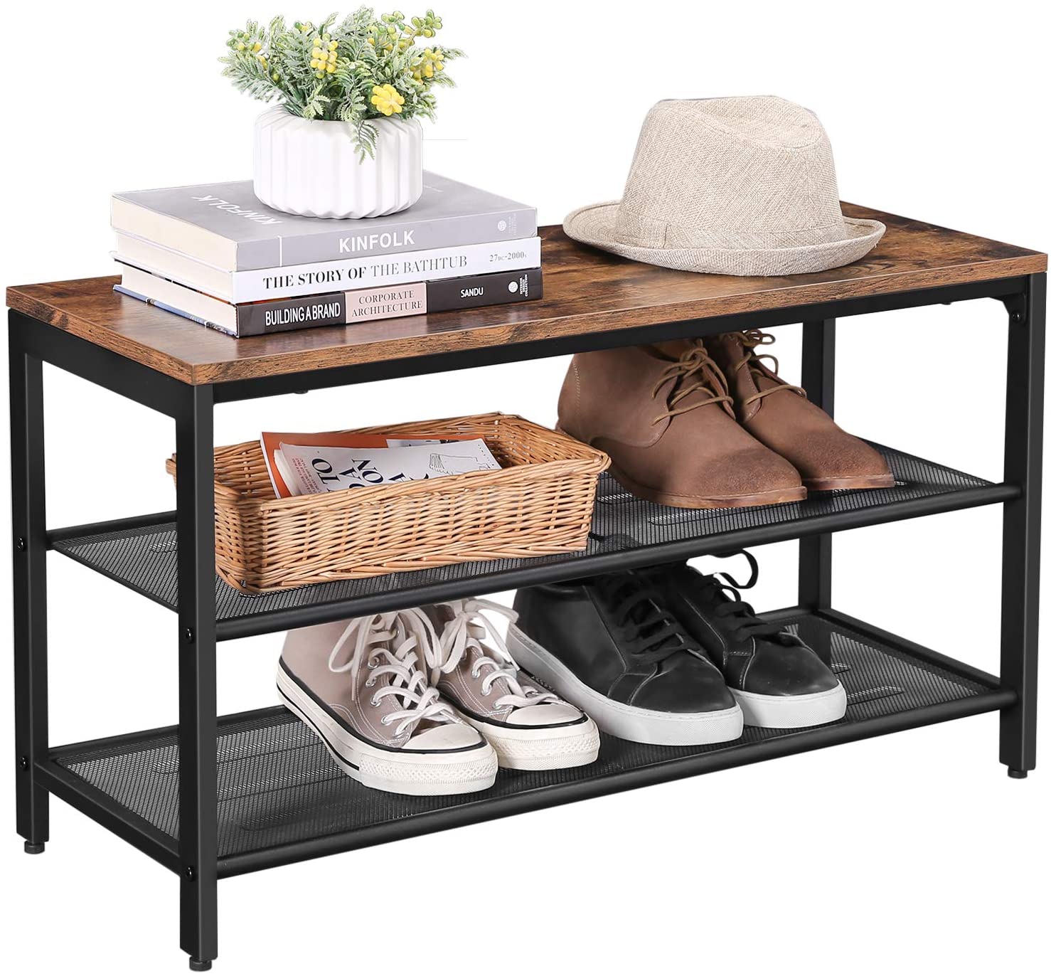 Shoe Rack With 2 Mesh Shelves, Rustic Brown And Black