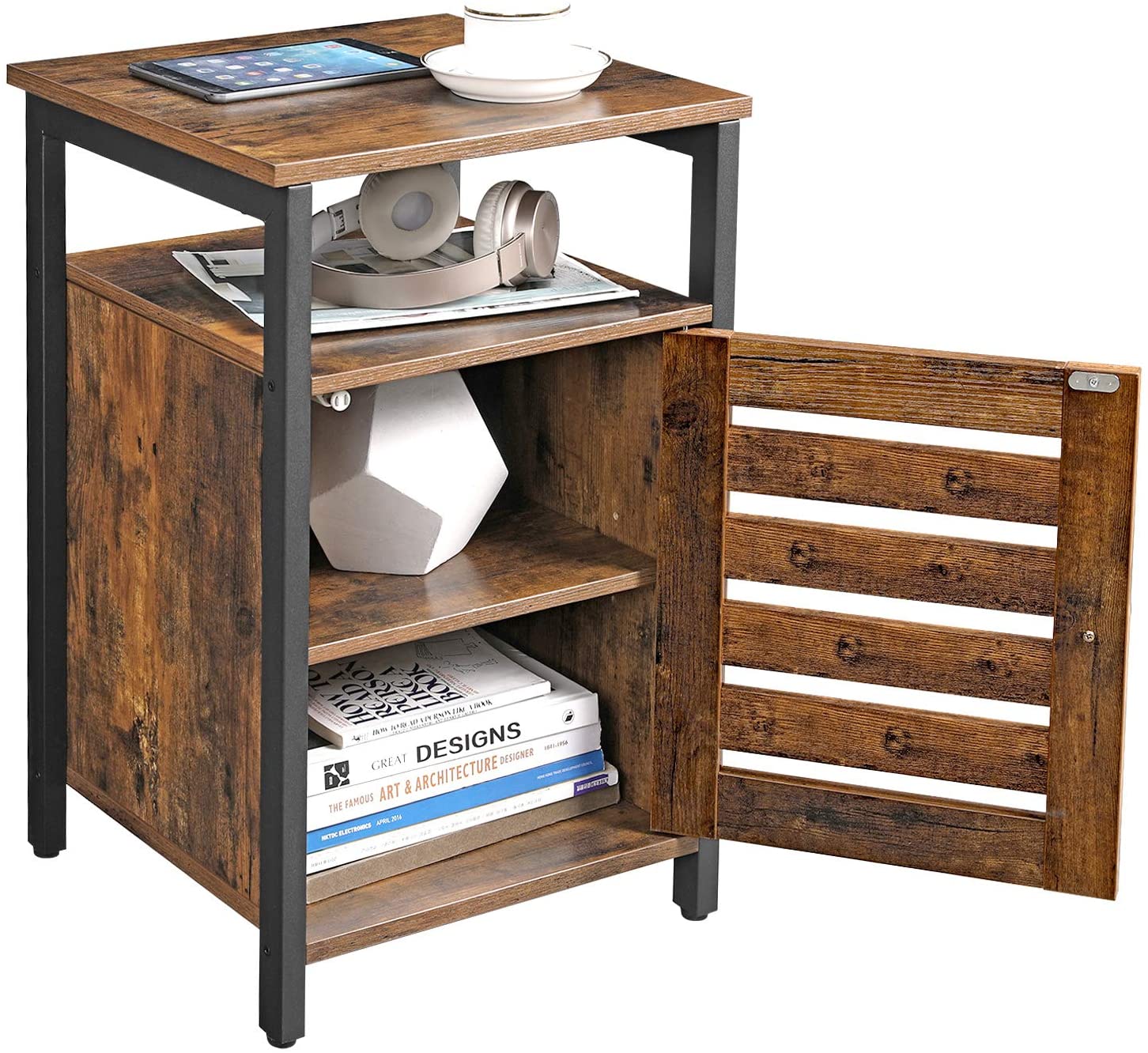 Bedside Table With 2 Adjustable Shelves Steel Frame Rustic Brown And Black