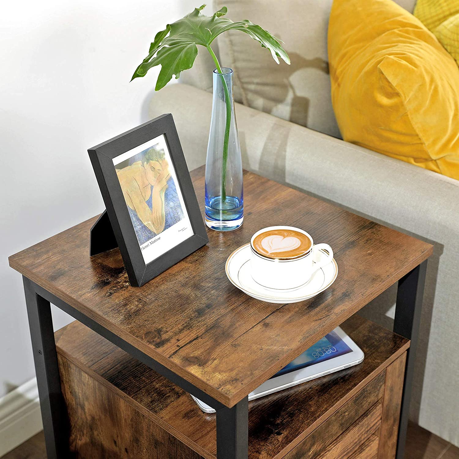 Bedside Table With 2 Adjustable Shelves Steel Frame Rustic Brown And Black