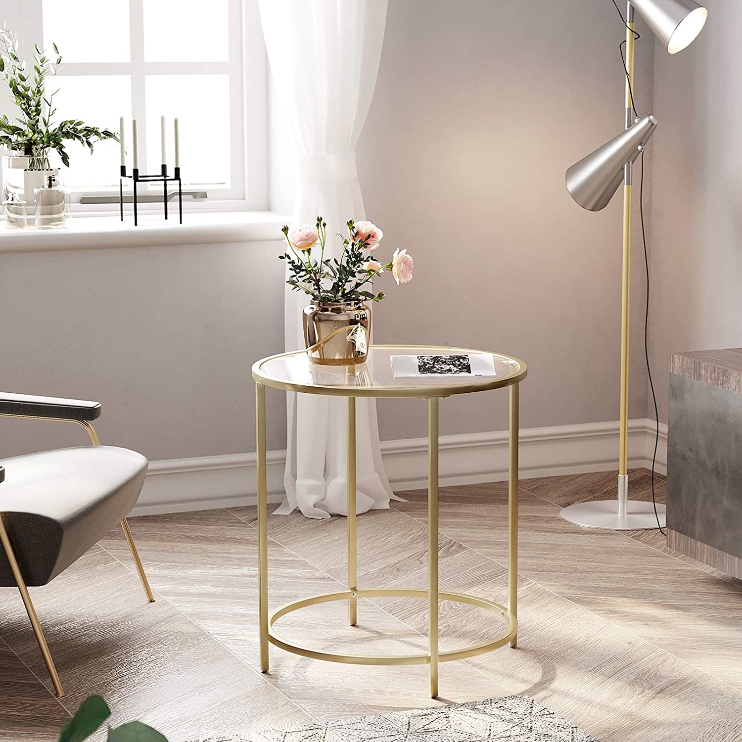 Side Tables - Gold Round Side Table With Golden Metal Frame Robust And Stable