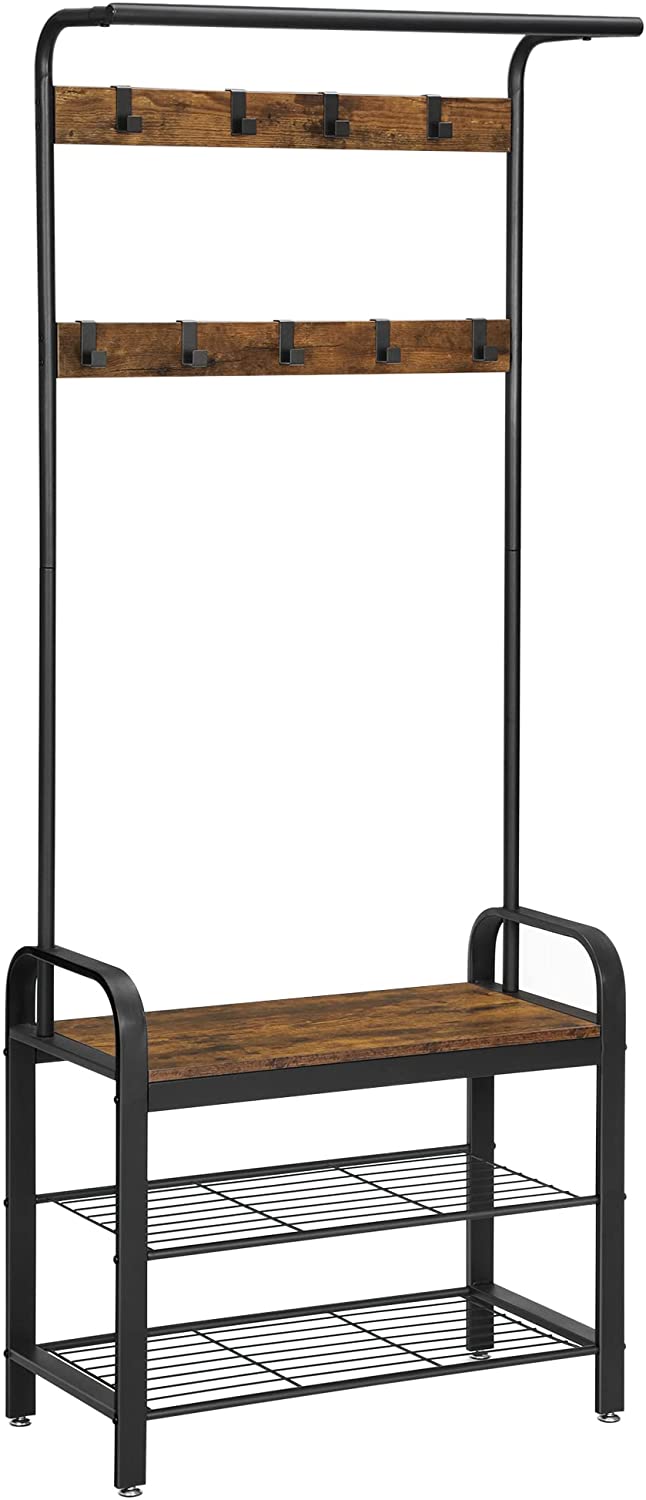 Vintage Coat Rack Shoe Bench, Wood Look Accent Furniture And Metal Frame - Coat Racks