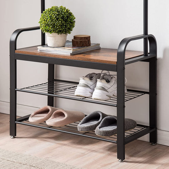 Vintage Coat Rack Shoe Bench, Wood Look Accent Furniture And Metal Frame, Wood finish