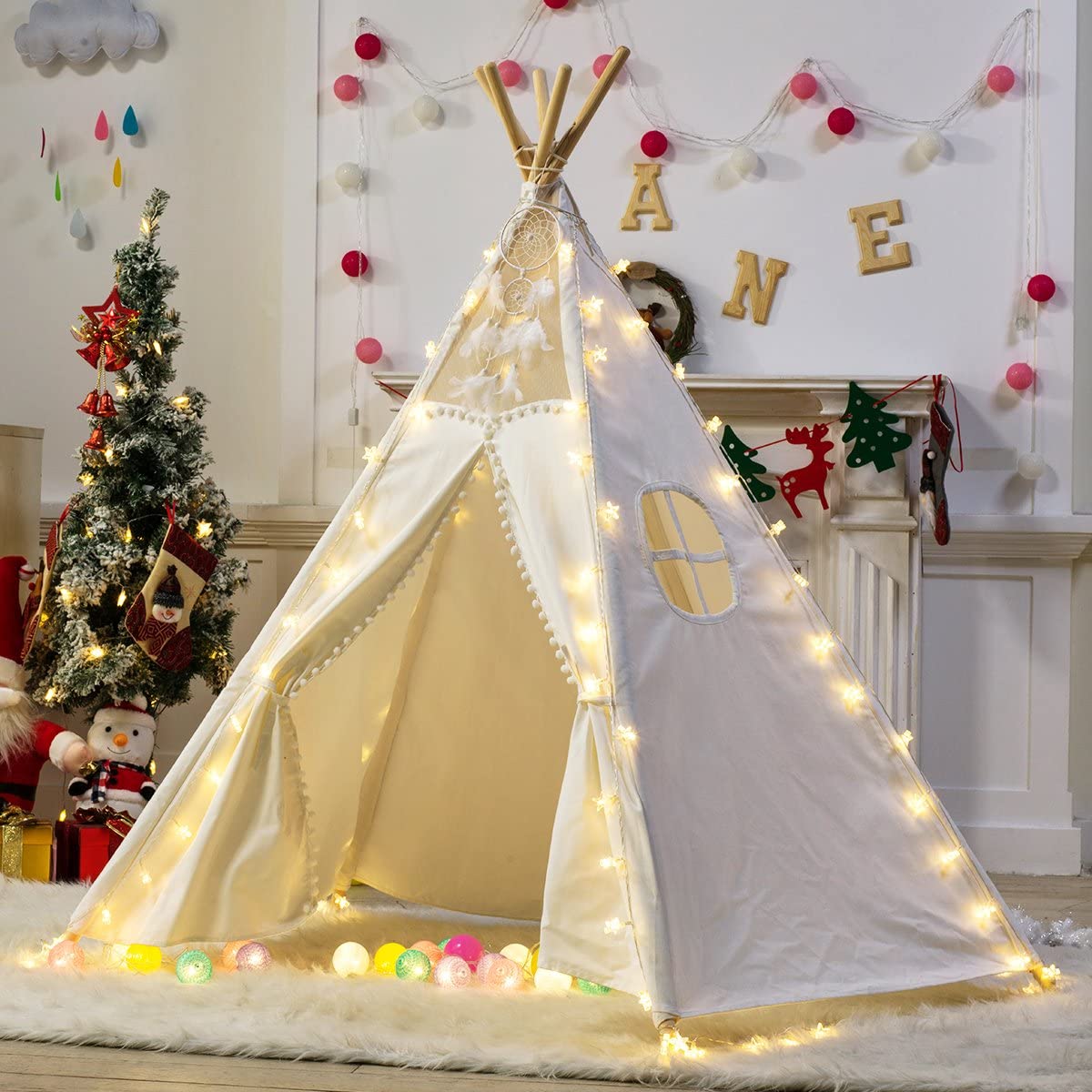 Kids Teepee Tent 5 Poles Cotton Canvas Play Tent Indoor Outdoor Playhouse Natural