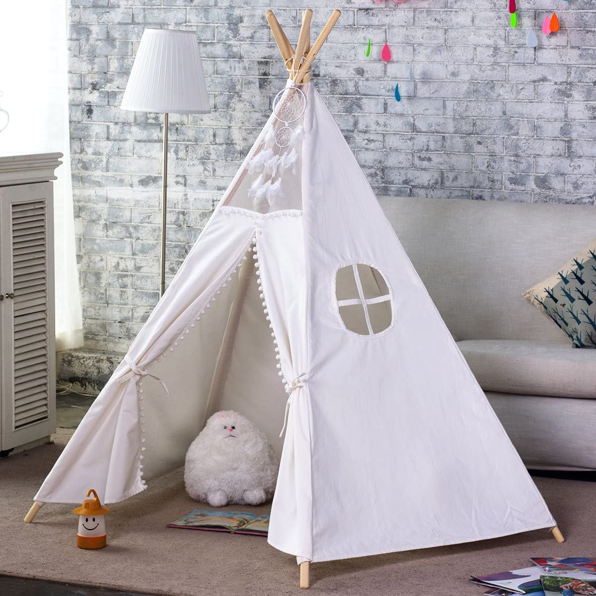 Kids Teepee Tent 5 Poles Cotton Canvas Play Tent Indoor Outdoor Playhouse Natural
