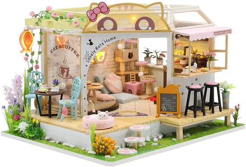 Dollhouse Miniature With Furniture Kit Plus Dust Proof And Music Movement - Cat Coffee