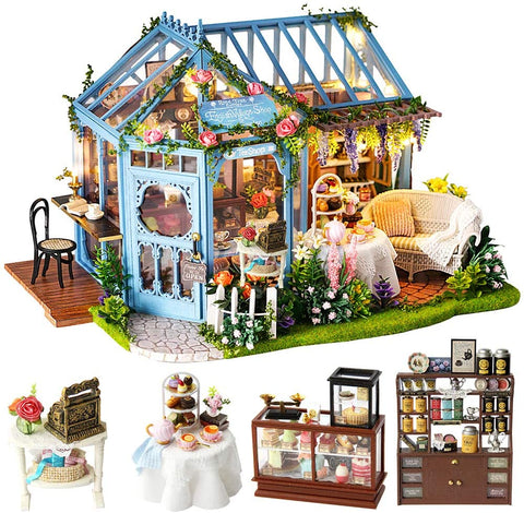 Dollhouse Miniature With Furniture Kit Plus Dust Proof And Music Movement-Rosa Garden Tea