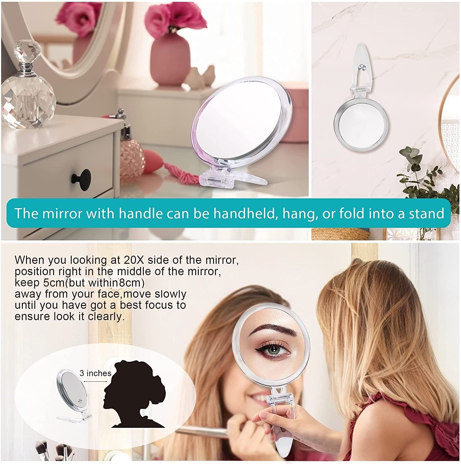 20X Magnifying Hand Mirror For Makeup, Tweezing, And Blemish Removal (15 Cm)