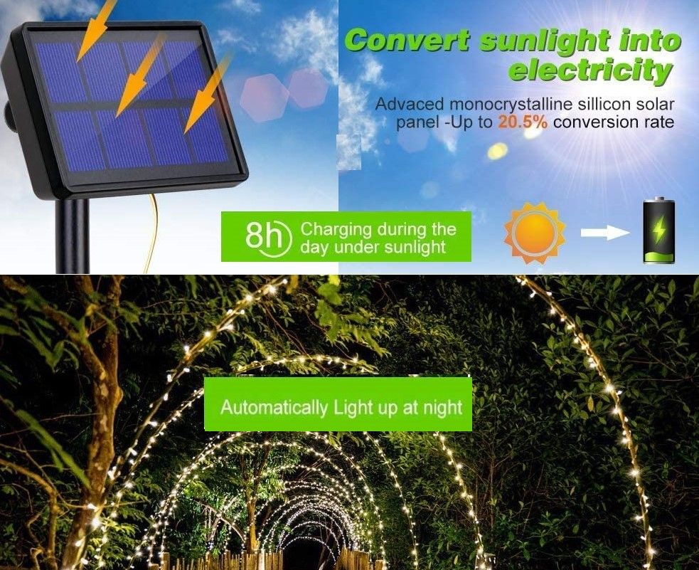 20m 200 LED Solar Powered Outdoor Lights with 8 Lighting Modes and Waterproof