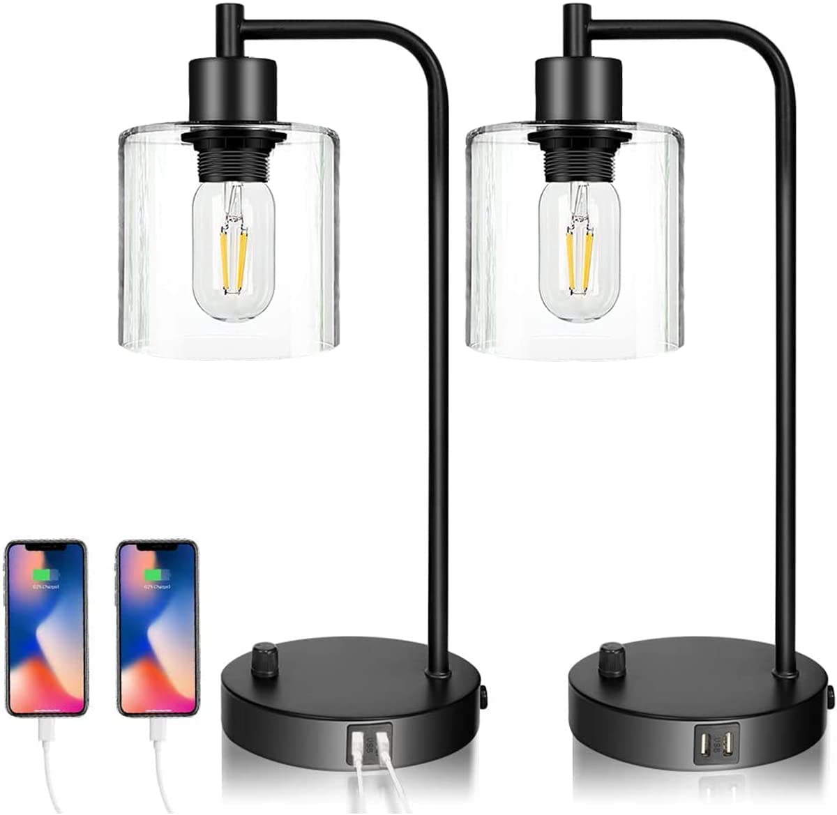 2x Industrial Table Lamp with 2 USB Port for Bedside Nightstand Desk Office