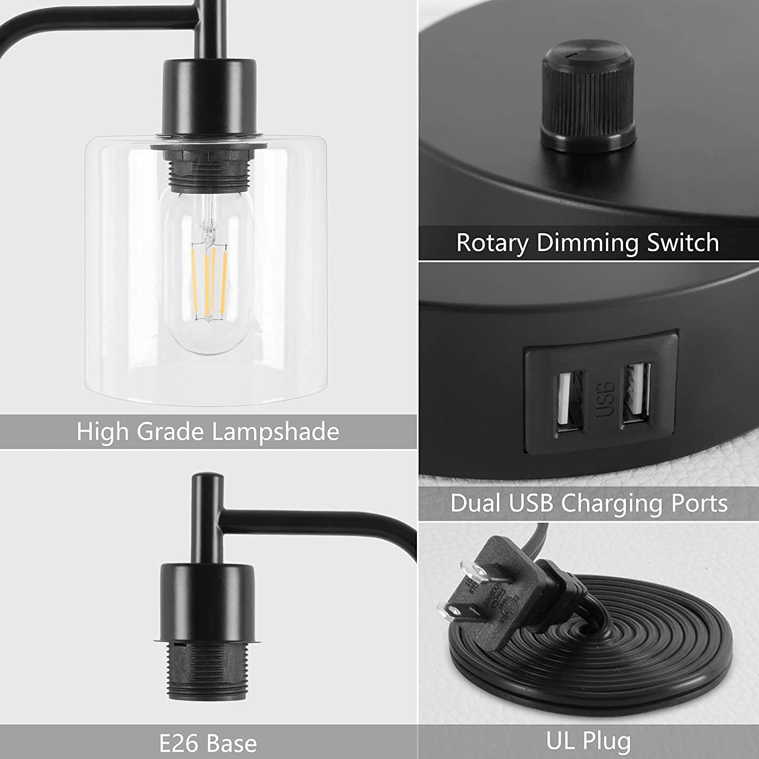 2x Industrial Table Lamp with 2 USB Port for Bedside Nightstand Desk Office