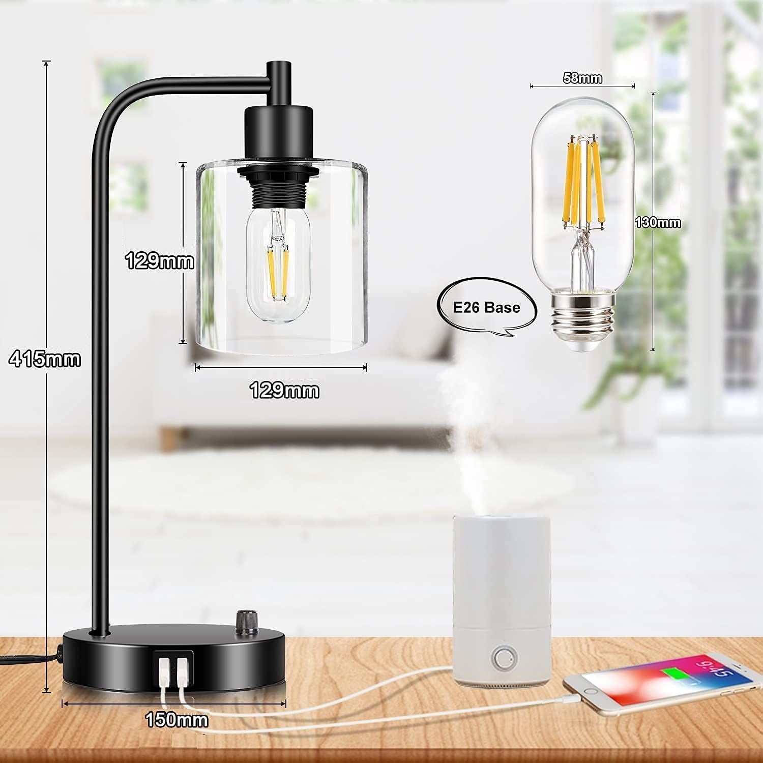 2x Industrial Table Lamp with 2 USB Port for Bedside Nightstand Desk Office