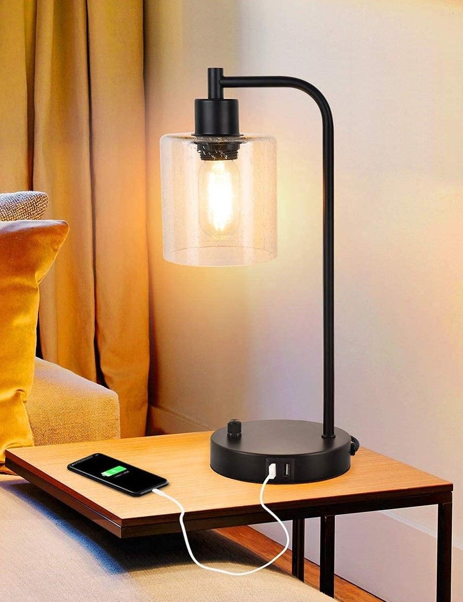 2x Industrial Table Lamp with 2 USB Port for Bedside Nightstand Desk Office