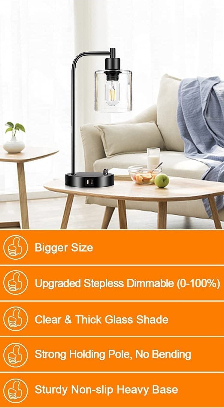 2x Industrial Table Lamp with 2 USB Port for Bedside Nightstand Desk Office