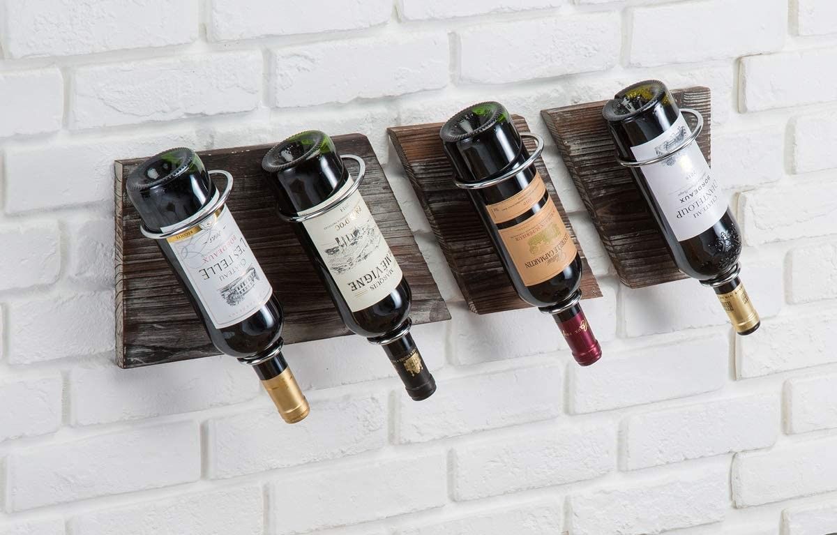 Rustic Wood And Metal Wine Rack Set For 4 Bottles (Home Bar & Kitchen)