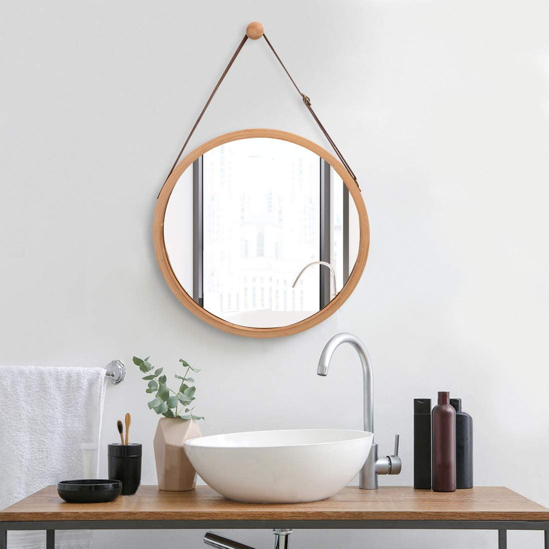 38 Cm - Hanging Round Wall Mirror 38 Cm - Solid Bamboo Frame