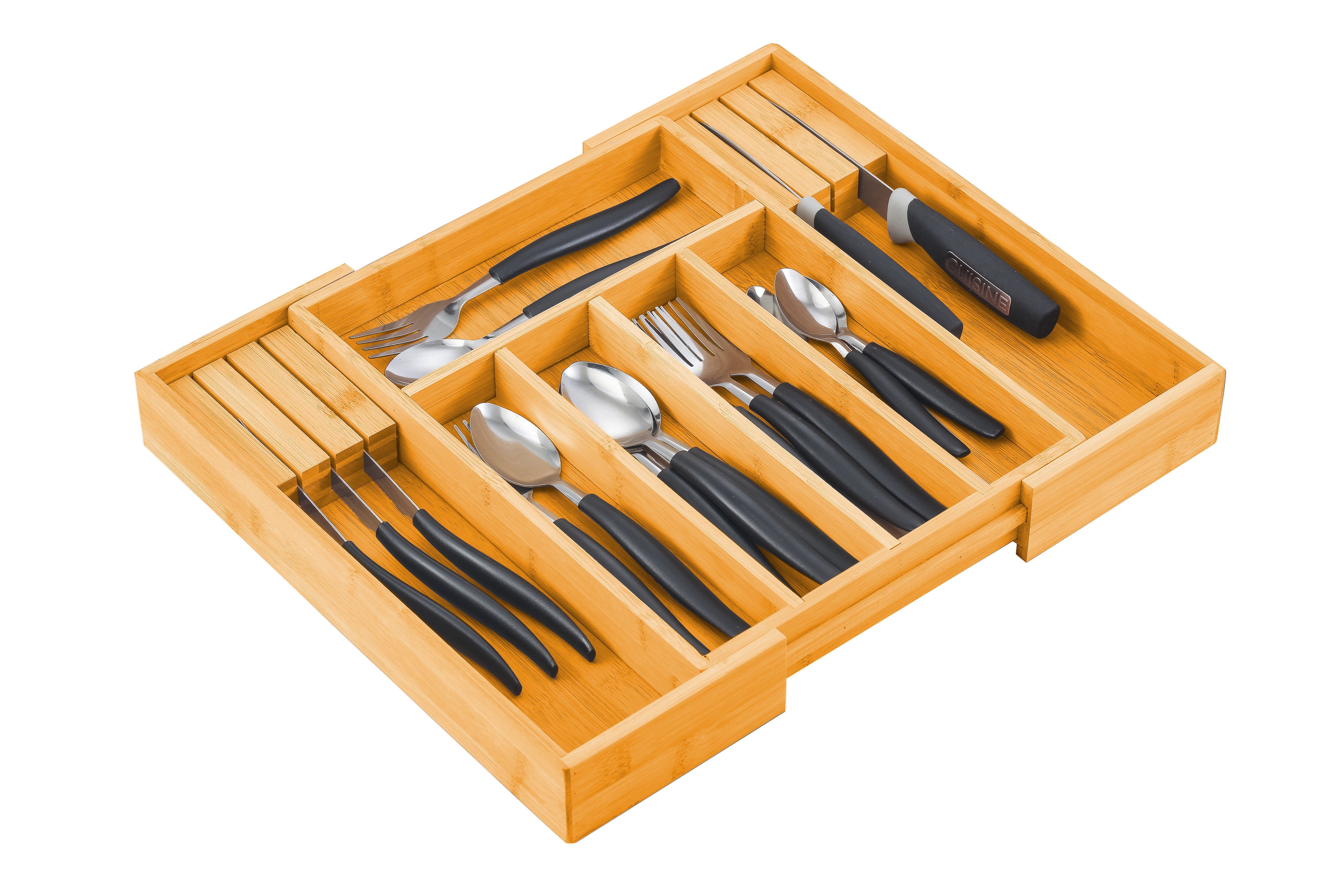 Large Capacity Bamboo Expandable Drawer Organizer With Knife Block with Kitchen Knives