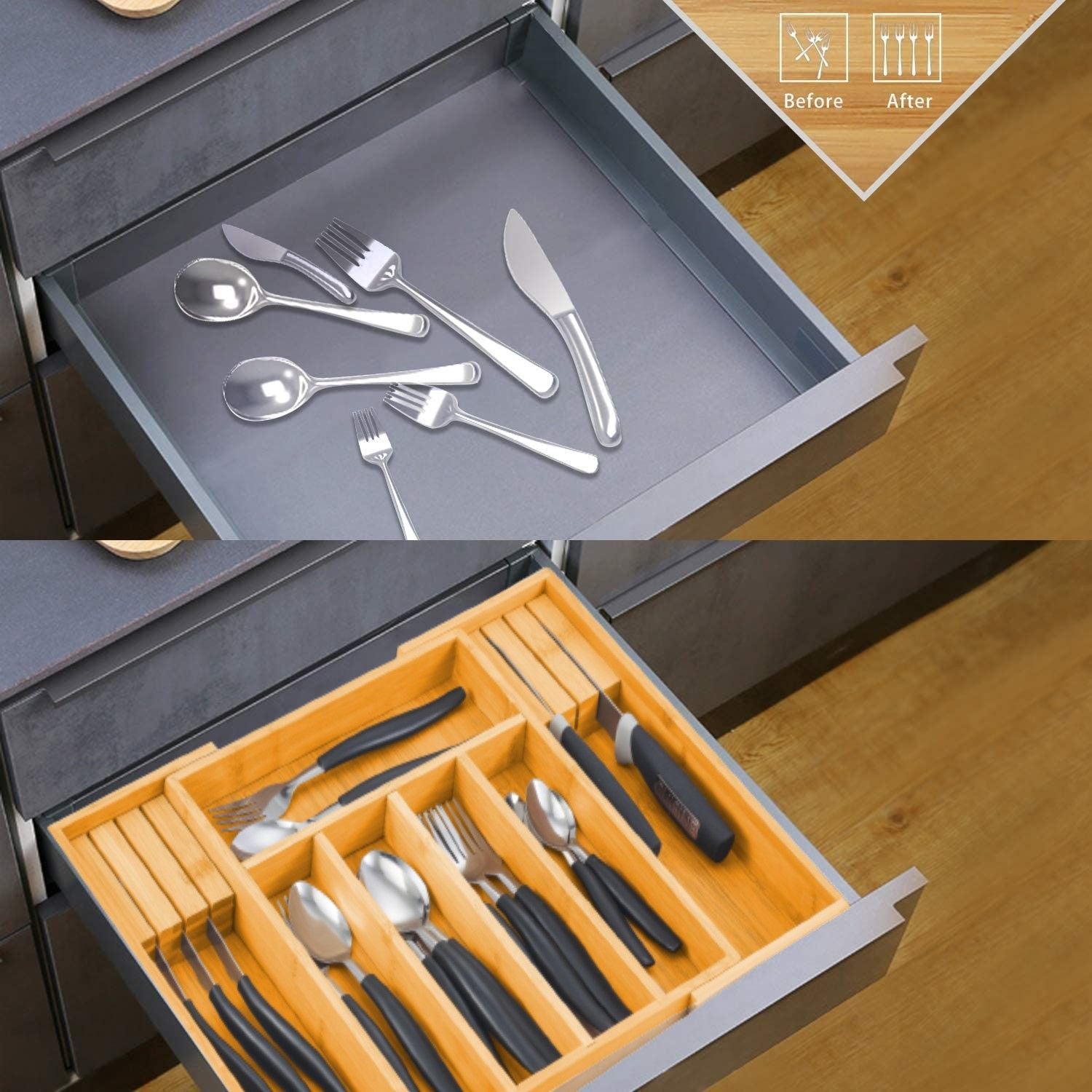 Large Capacity Bamboo Expandable Drawer Organizer With Knife Block - Bamboo finish