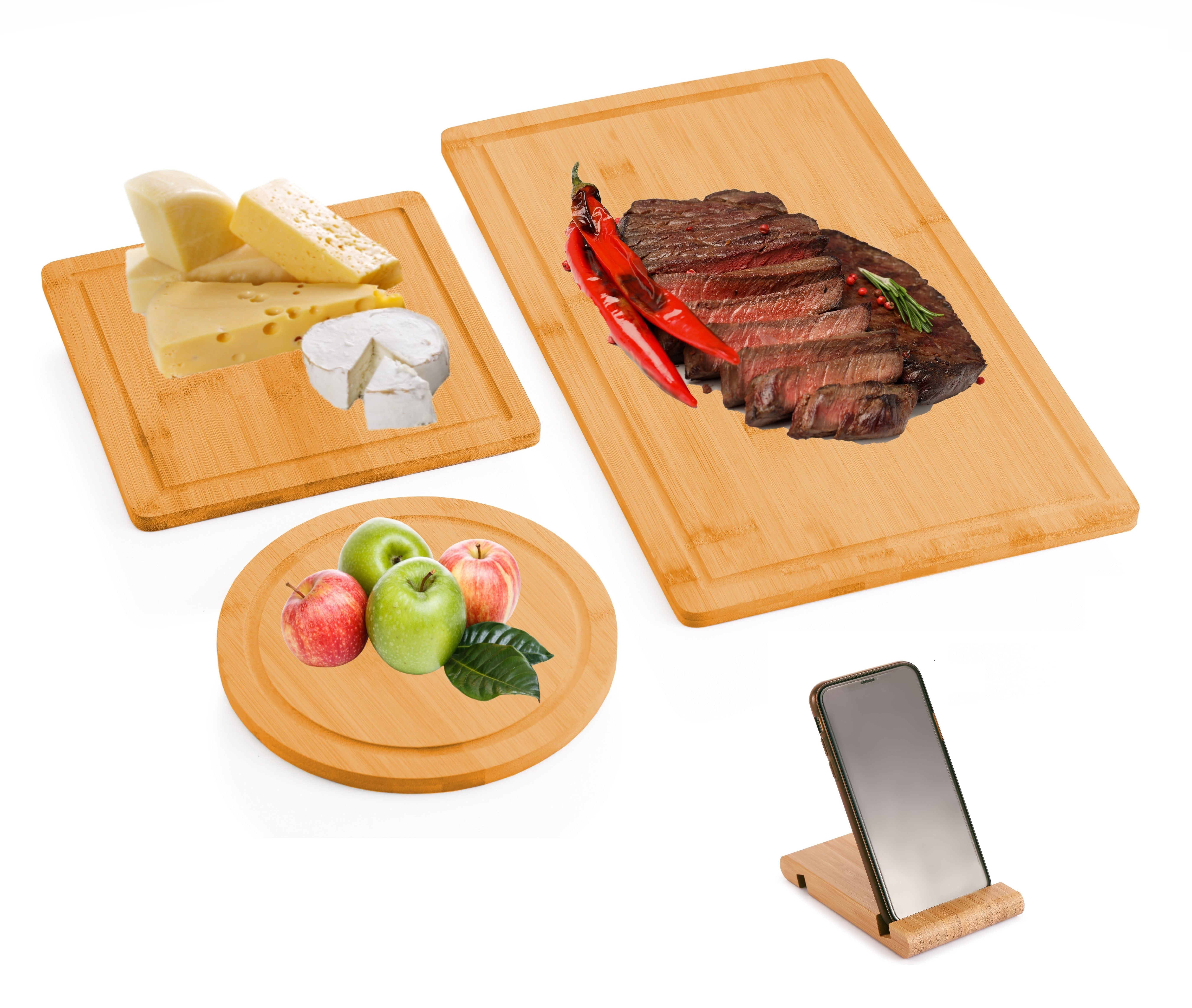 3-Piece Bamboo Cutting Board Set With Juice Groove And Mobile Holder with Kitchen Utensils