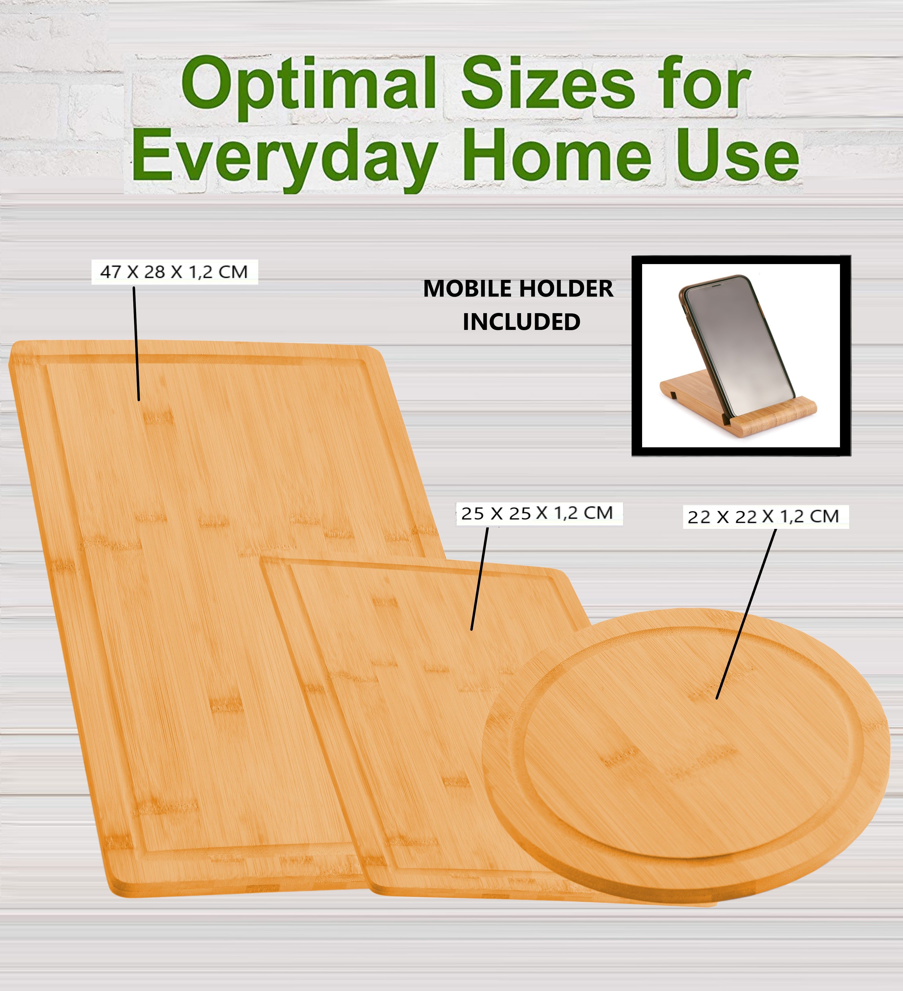 3-Piece Bamboo Cutting Board Set With Juice Groove And Mobile Holder with Bamboo finish
