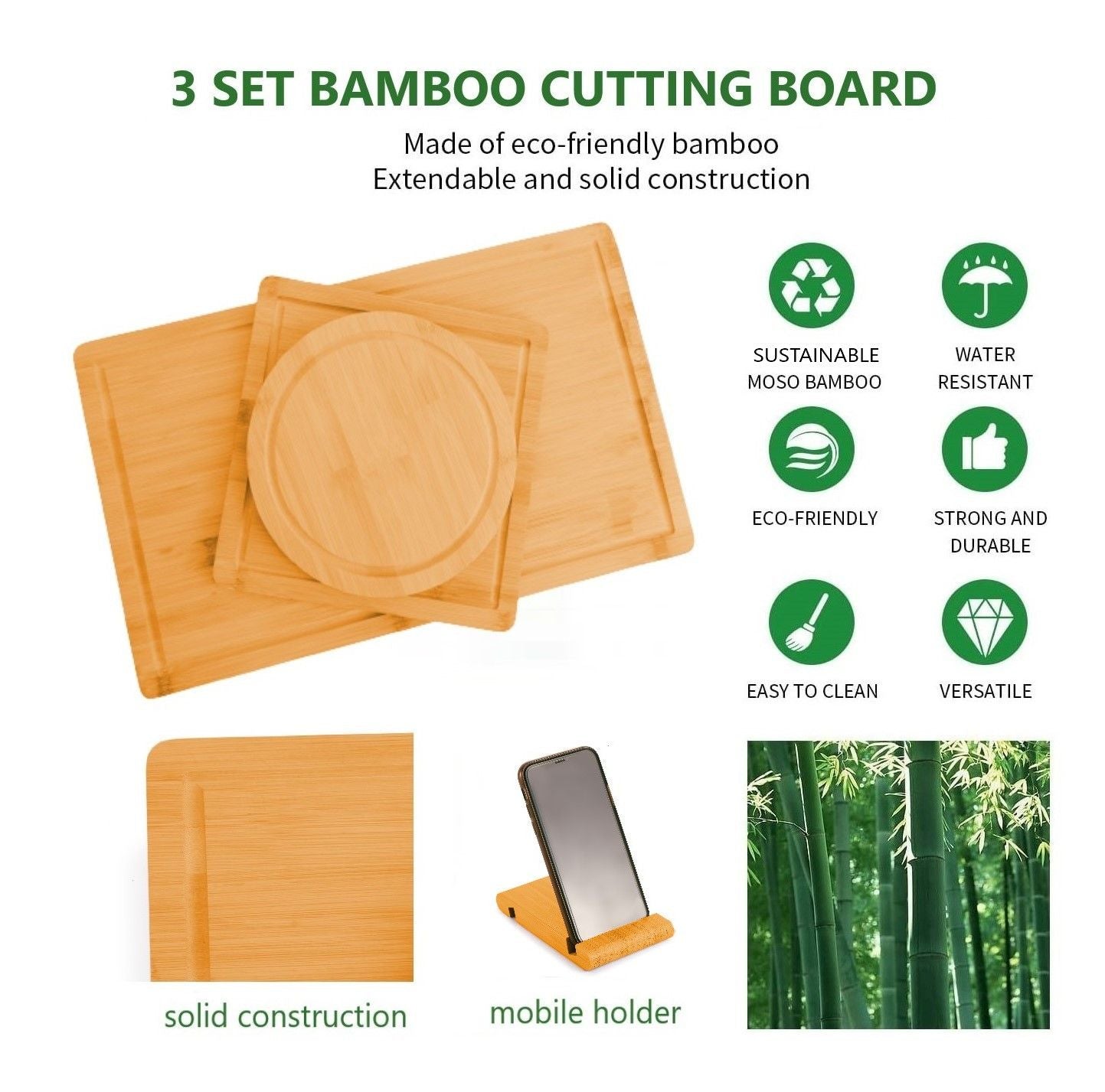 3-Piece Bamboo Cutting Board Set With Juice Groove And Mobile Holder | Bamboo finish