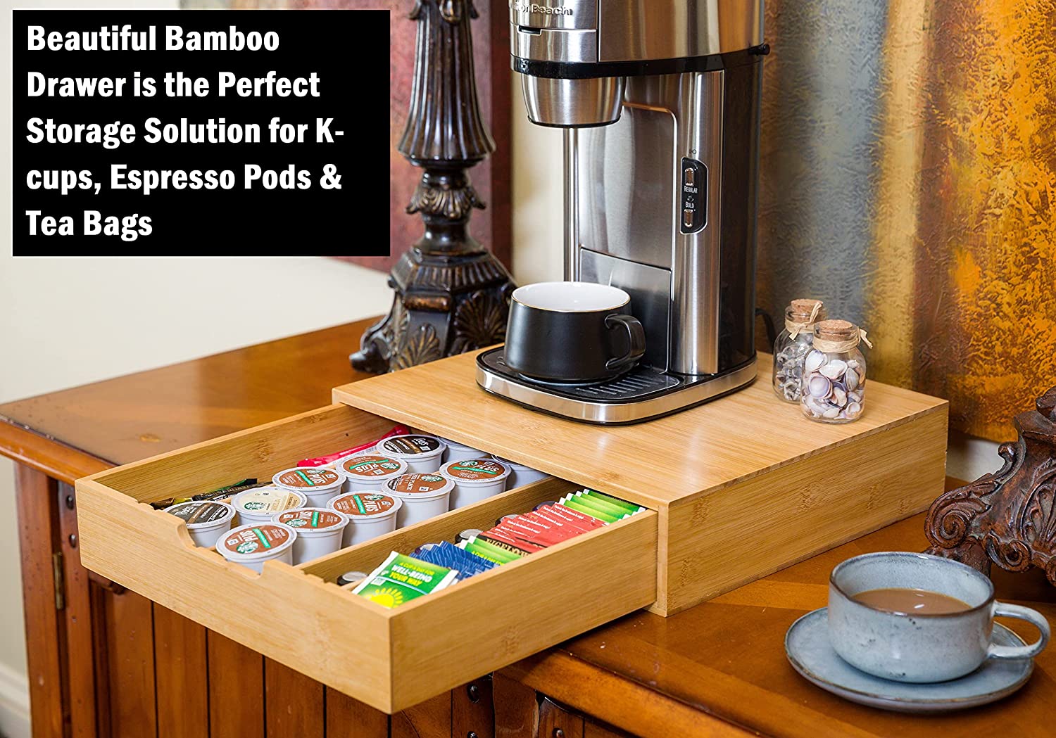 Bamboo K-Cup Coffee Pod Holder For Kitchen Organization, Disposable Cups