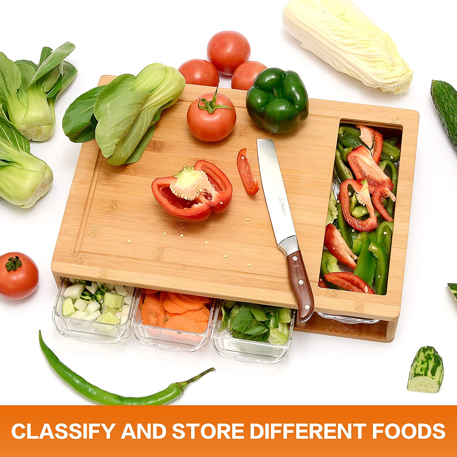 Large Cutting Board and 4 Containers with Mobile Holder
