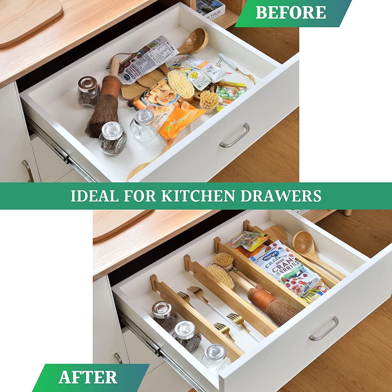 4 Bamboo Adjustable Kitchen Drawer Dividers (Large, 44-55 Cm) with Bamboo finish